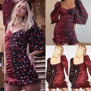 For Love & Lemons Black Burgundy Floral Ruched Cher Mini Dress Size Small